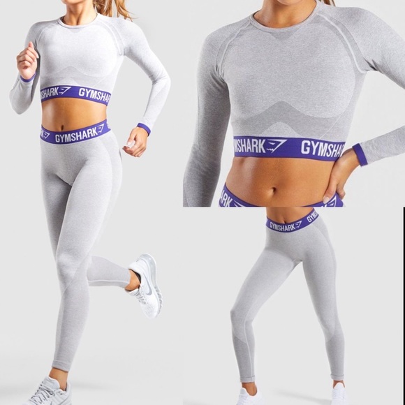 Gymshark Pants - Gymshark Flex Long Sleeved Crop Top & Leggings Two Piece Set: Light Grey Indigo